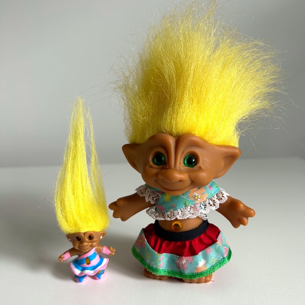 Vintage Ace Novelty Treasure Troll Dolls Set of 2 Mama and Mini